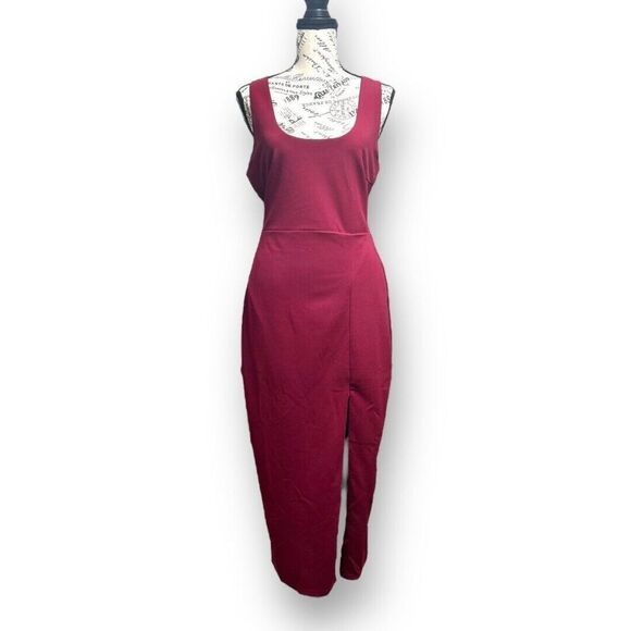 Lulus L Red Bodycon Midi Dress Tie Back Slit Sleeveless Cocktail Wedding Guest - Picture 3 of 9